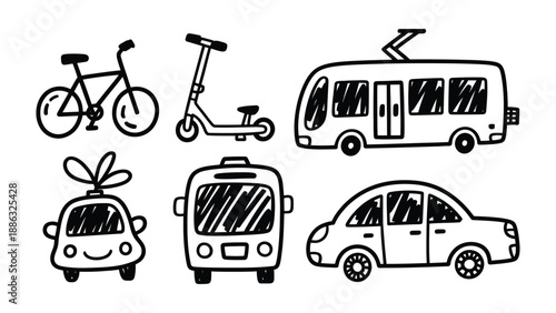 Vehicular Variety: A collection of various vehicles, including a bike, scooter, tram, car and bus. This collection provides an illustration of different modes of transport