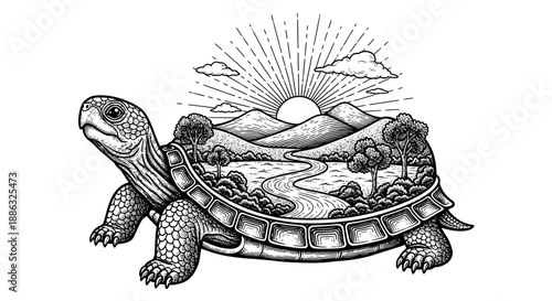 An artistic illustration of a turtle carrying a landscape within its shell, symbolizing nature and interconnectedness