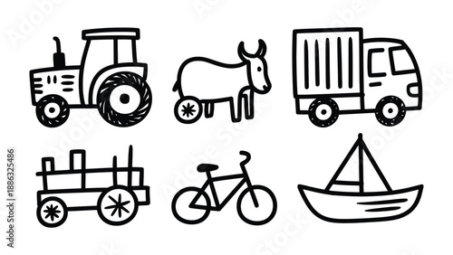 A Collection of Simplified Vehicles: A charming illustration features a variety of simplified vehicles, including a tractor, bull, truck, cart, bicycle, and sailboat.