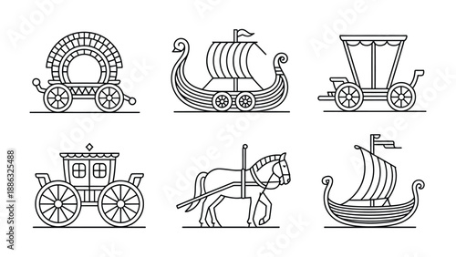 Vintage Transportation Illustrations: A set of six historical transportation illustrations, showcasing diverse modes of travel, from horse-drawn carriages to ancient sailing vessels.