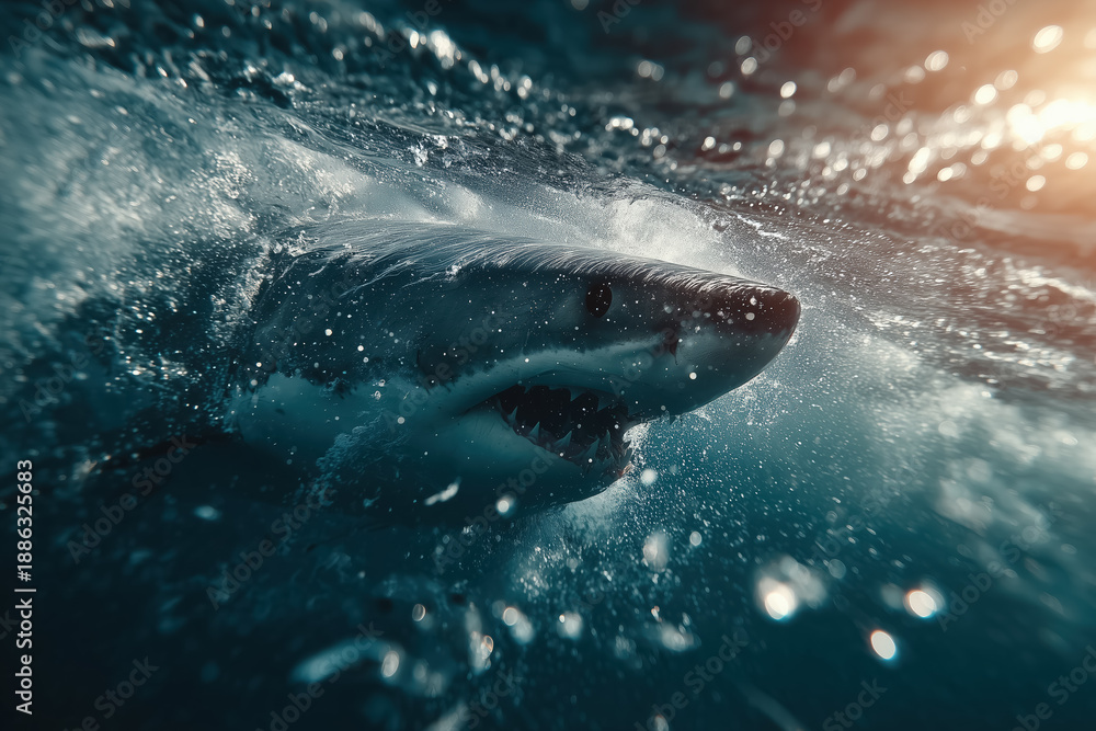 Naklejka premium Great white shark in dynamic ocean waves at sunrise
