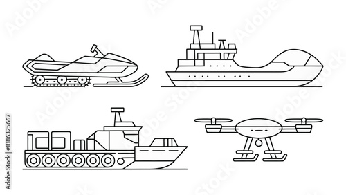 Varied Modes of Transport in Line Art: A set of transport vehicles including snowmobile, ship, cargo ship, and drone illustrated in line art.