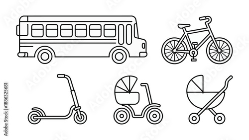 Transportation Illustrations: A collection of various transportation modes in a simple line art style, perfect for illustrating movement, travel, and mobility. 