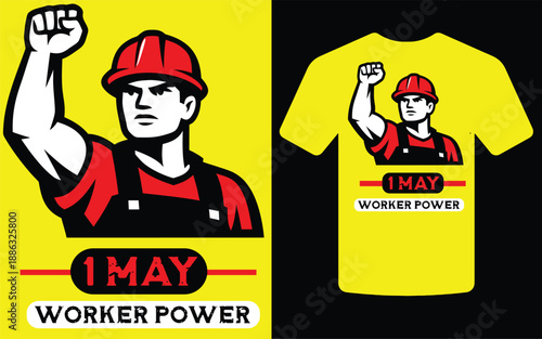 A vibrant design features a raised fist and worker prominently displayed on a yellow t shirt for may day