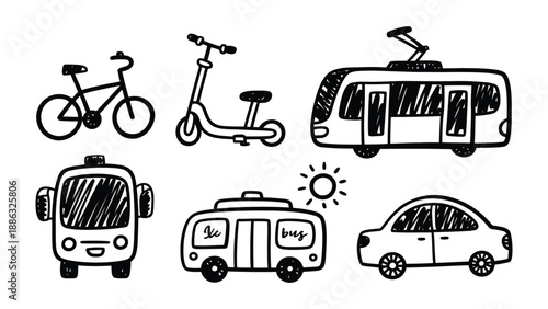 Collection of Transport Icons: A delightful assortment of simple, hand-drawn transportation icons, showcasing a variety of vehicles and methods of travel.