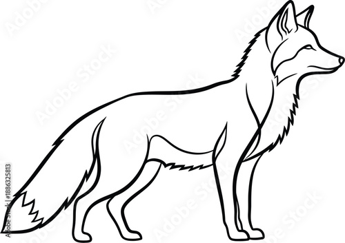 Simple black and white line art drawing of a wild fox standing in profile view