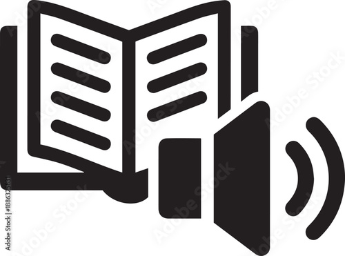 Audiobook icon featuring a book with a landscape picture symbol, representing digital learning, e-learning photo albums, and multimedia education. Black minimalist vector silhouette.