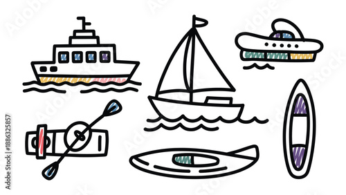 Maritime Recreation: An illustrative composition of diverse watercraft, each poised for adventure and leisure. A cruise ship, sailboat, motorboat, kayak, canoe, and stand-up paddleboard.