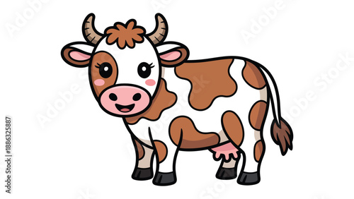 Cute Cow in a Field: A charming illustration of a happy cow with a brown and white coat standing on grass, radiating warmth and friendliness, with soft and vibrant colors.
