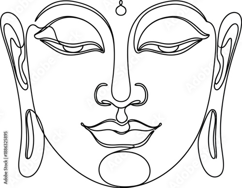 Minimalist continuous line drawing of a serene Buddha face conveying peace and spiritual tranquility