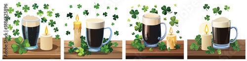 St. Patrick’s Day Irish Stout Set – Shamrock Beer & Candle Vector Illustrations
