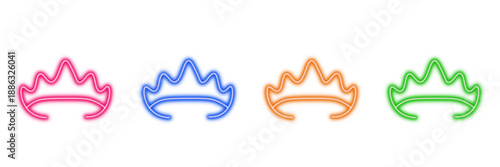 Neon glowing crown vector icons set, royalty, monarchy, tiara, luxury, queen, king, princess, celebration, triumph, winner, vibrant colorful digital design illustration on transparent background.

