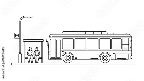 Urban Transit: Minimalist illustration of a city bus, passengers waiting at a bus stop, highlighting the essential elements of public transportation.