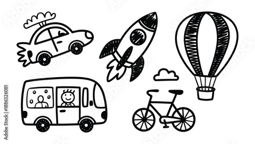 Transportation Doodle: A whimsical illustration showcases various modes of transport, evoking a sense of adventure, exploration, and the simple joy of movement. 
