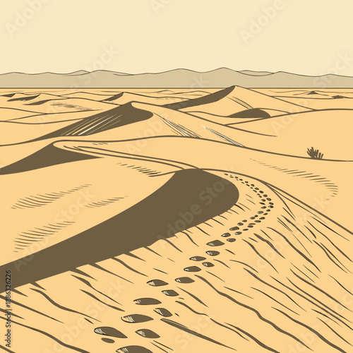 Desert dunes with clean horizon line, serene landscape vector.
