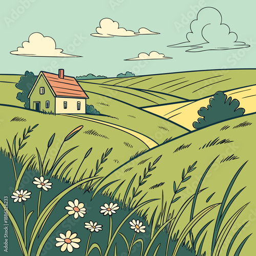 Countryside field with farmhouse outline, simple vector art.