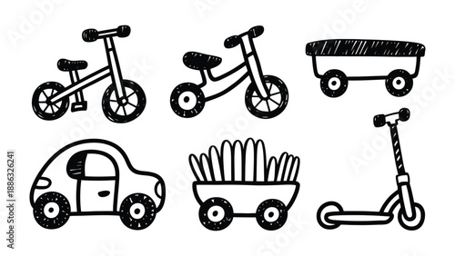 Childhood Transport Collection: An artistic monochrome sketch of various children's vehicles, from bikes and wagons to a scooter and a charming little car.