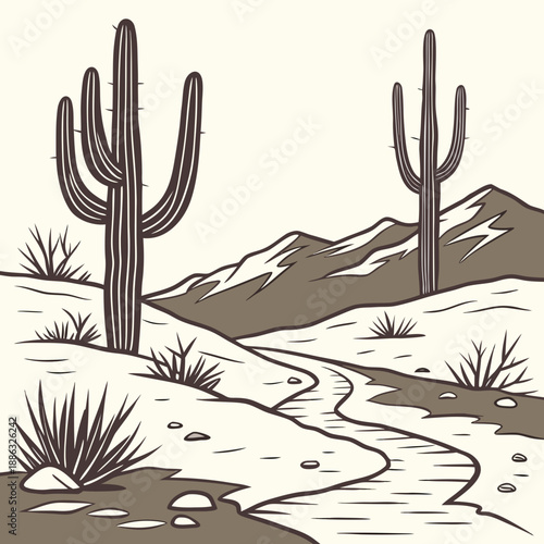 Desert winter cactus outlines with snow, unique hybrid illustration.