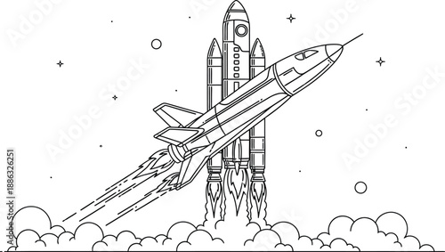 Black and white line art illustration of a space shuttle launching powerfully from the launchpad into the sky