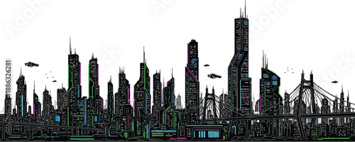 Futuristic neon cityscape skyline with flying vehicles and modern bridge illustration