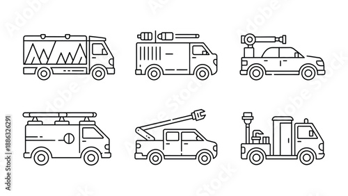 Assortment of Utility Trucks: An array of detailed illustrations showcasing essential utility trucks, meticulously designed with sleek lines.
