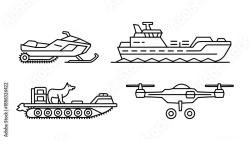 Transportation Line Icons: A collection of various transportation mode icons, each uniquely designed with clear lines and minimalist shapes, against a monochrome background.