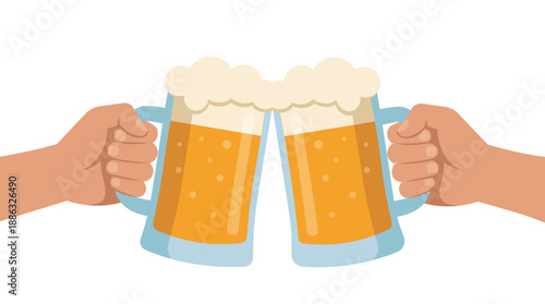 Two hands holding beer mugs toasting cheers vector illustration