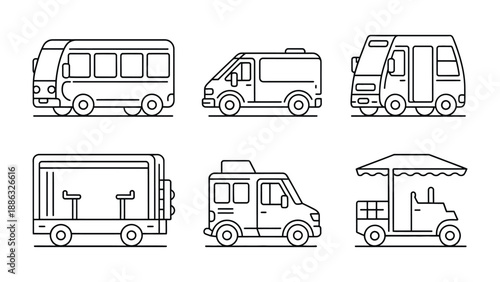Transportation vehicles Illustration: A set of six unique vehicle illustrations, each meticulously drawn, showcasing a variety of transportation modes, emphasizing functionality and design.