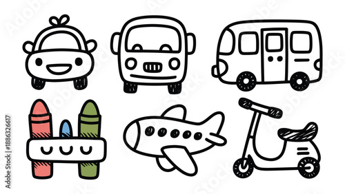 Hand-Drawn Transport Doodle Set: A charming collection of playful, sketched transportation vehicles and objects. From a happy car to a trusty bus, a vibrant plane, scooter, and crayons.