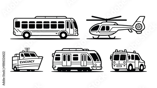Variety of Transportation: A collection of various vehicles, including a bus, helicopter, boat, subway train, and emergency vehicle, are presented in a clean, unified style.