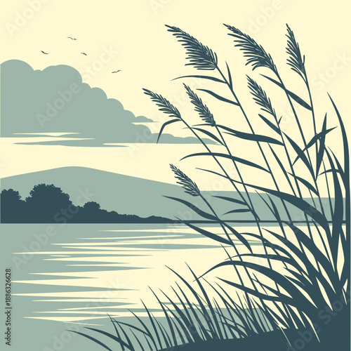 Tranquil lake shore with reeds and a distant hill.