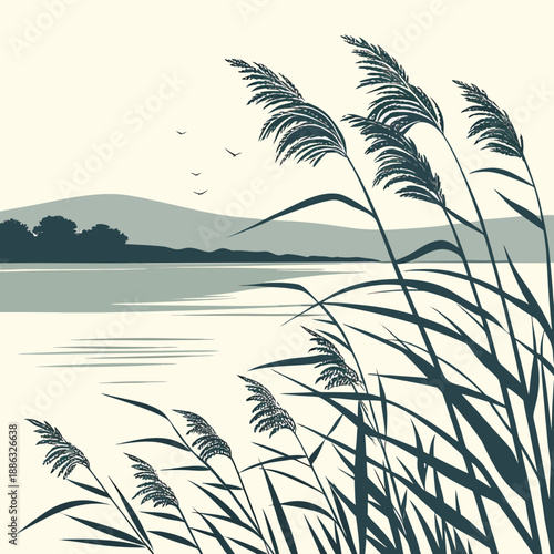 Peaceful lake shore with reeds and distant hills.