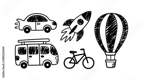 Transportation Doodle Set: A whimsical collection of transportation doodles, including a car, rocket, hot air balloon, van, and bicycle.