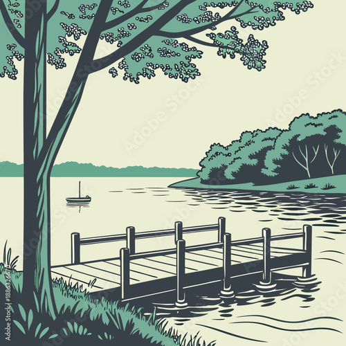 Lakeside landscape with minimalist dock outline.