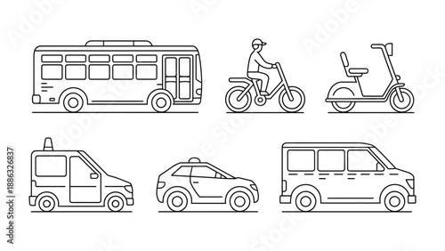 Diverse Transport Collection: A line art illustration showcases a variety of transport modes, from public transportation to individual transport. conveying a sense of mobility and modern urban life.