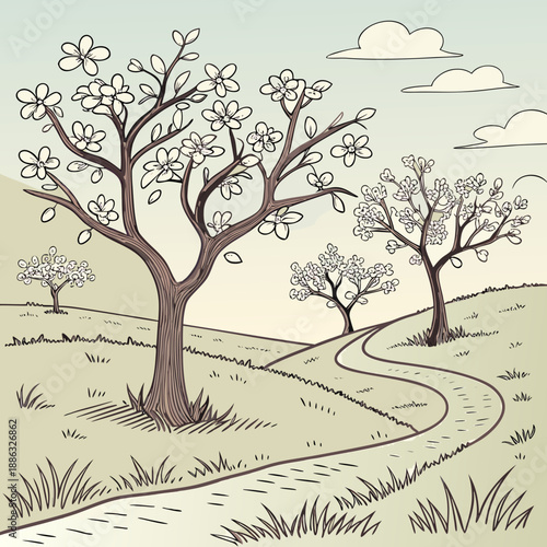 Orchard landscape with spaced trees outline, agriculture vector