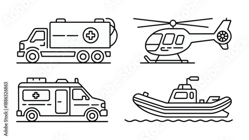 Emergency Response Icons: A collection of meticulously crafted, minimalist line icons showcases the essential vehicles of emergency response, including a medical truck, a helicopter, an ambulance.