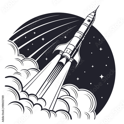Minimal Rocket Launch Illustration Soaring Upward with Thin Exhaust