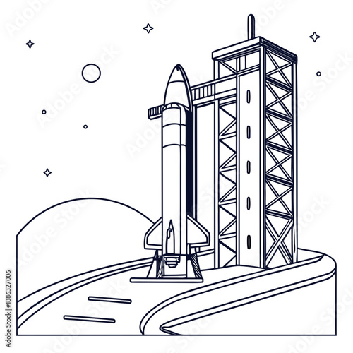 Simple Geometric Rocket Launch Pad Line Art Illustration