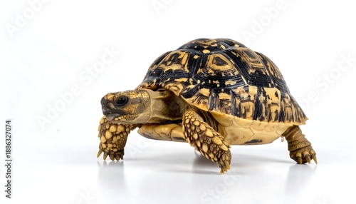 Leopard tortoise walking on a white background in studio.