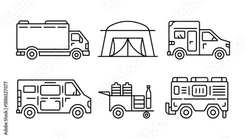 Vehicle Variety: A collection of meticulously outlined transport vehicles, including a van, truck and camping equipment. This illustration of various vehicle types captures the essence of mobility.