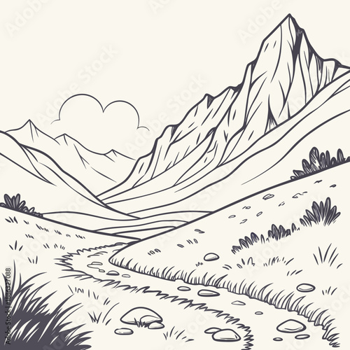 Minimalist Curved Mountain Valley with Short Grass Line Art