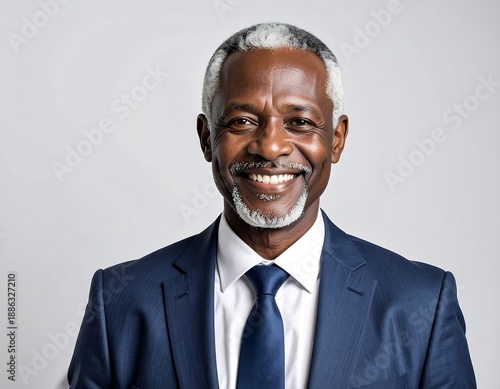 Smiling older Black man with salt-and-pepper hair in a blue suit against a plain, light gray background