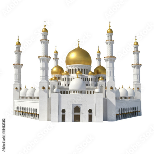 Beautiful White Mosque with Golden Domes for Ramadan and Eid Celebration
