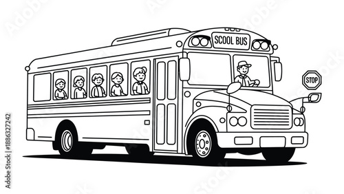 School Bus Illustration: A monochrome illustration depicts a classic yellow school bus in motion, carrying a group of students and driven by a professional driver.