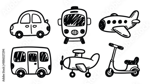 Transportation Doodle Set: A whimsical collection of hand-drawn transportation illustrations, perfect for adding a playful touch to any project. Each doodle depicts a mode of transport in a simple.
