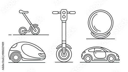 Urban Mobility Outlined: A collection of electric vehicles in a sleek, minimalist style, perfect for illustrating the future of transport and sustainable urban living.