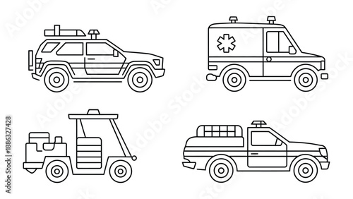 Emergency Vehicle Fleet: Four line art illustrations showcase a fleet of essential emergency vehicles. Each vehicle represents vital services, highlighting preparedness and response capabilities.