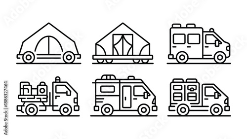 Emergency Vehicles Icon Set: A comprehensive collection of iconic emergency vehicles, each meticulously depicted with clean lines and sharp details, offering versatility for various applications. 
