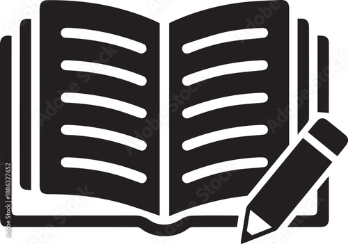 Open book icon with a pencil, representing creative writing, educational note-taking, and academic journaling. Minimalist black vector symbol for school, library, and literary research.